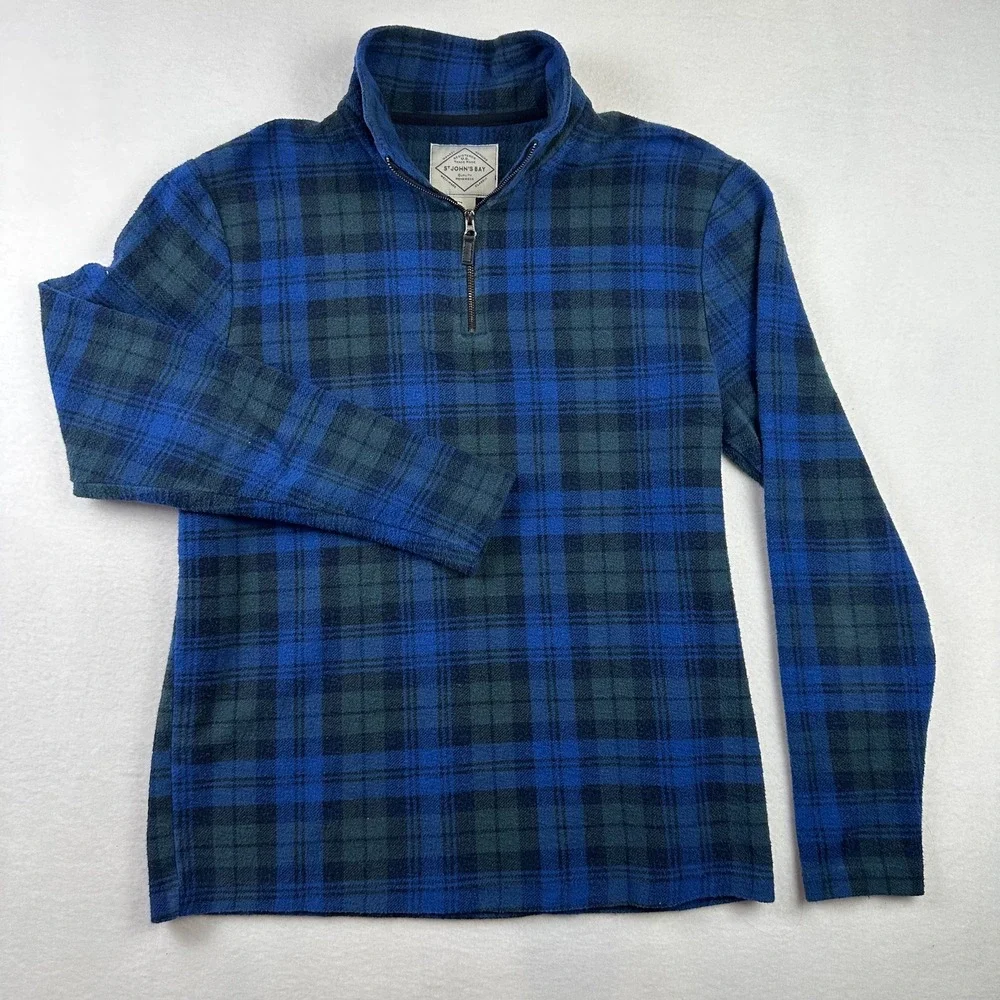 St John's Bay Pullover Mens M Blue Plaid Fleece Quarter Zip Soft Winter Casual